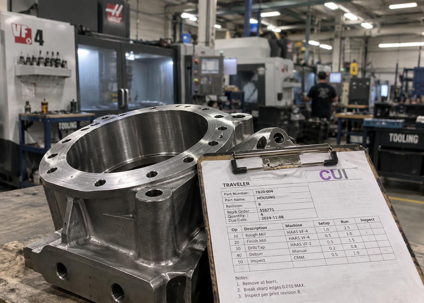 A CUI-marked work traveler beside a manufactured part on the shop floor