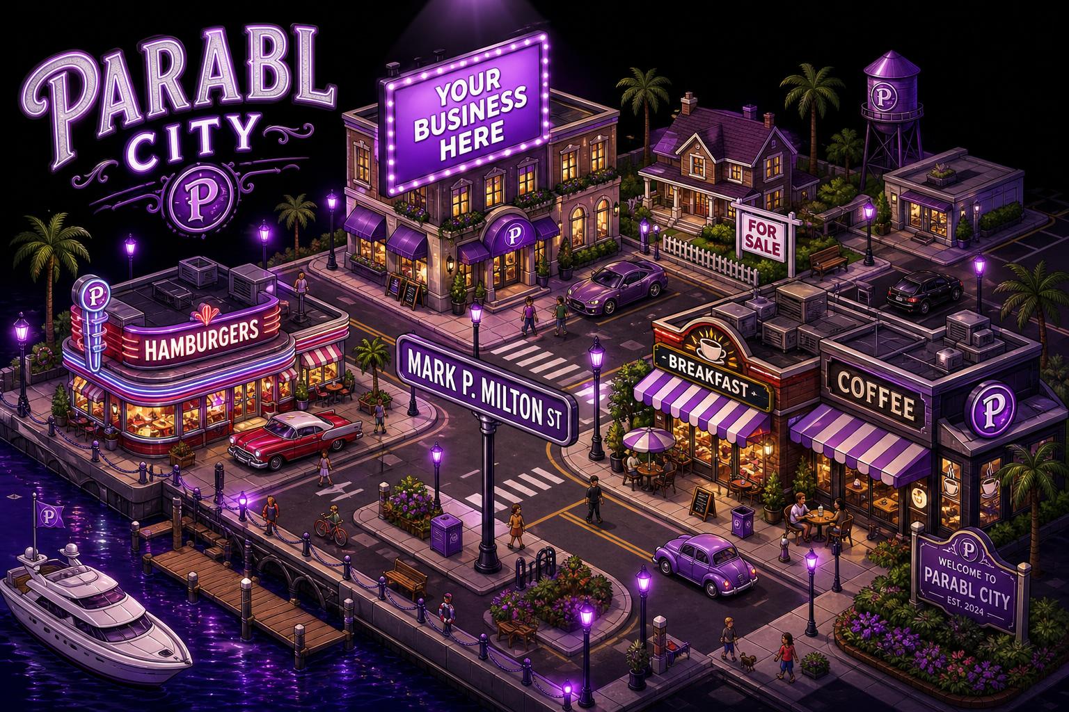 Parabl City map showing storefronts, billboards, and a sign for Mark P. Milton Street